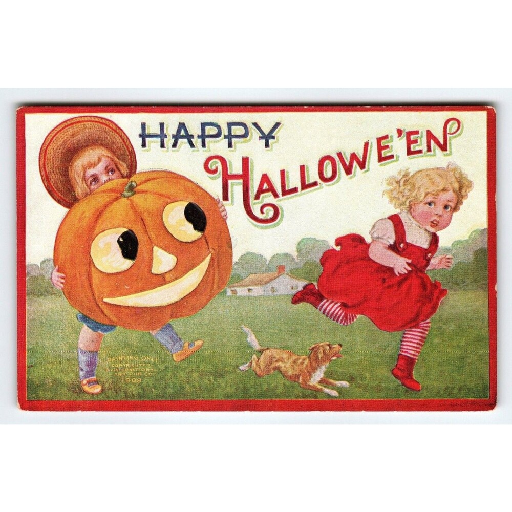 Vintage 1909 Happy Hallowe'en Pumpkin Kids Puppy Dog Divided Back Postcard